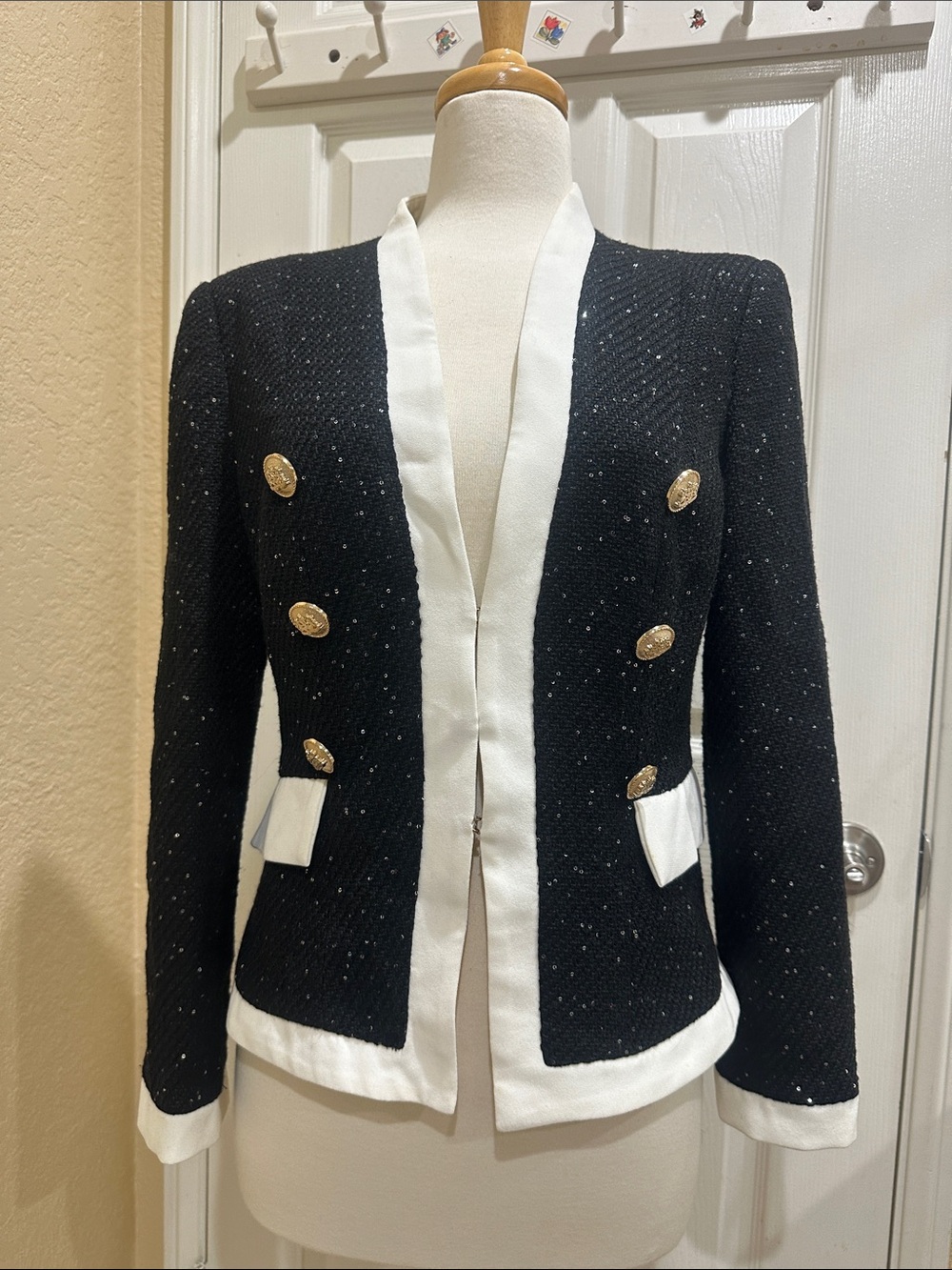 Structured Black & White Double-Breasted Tweed Jacket size 6 Us (Au 10)